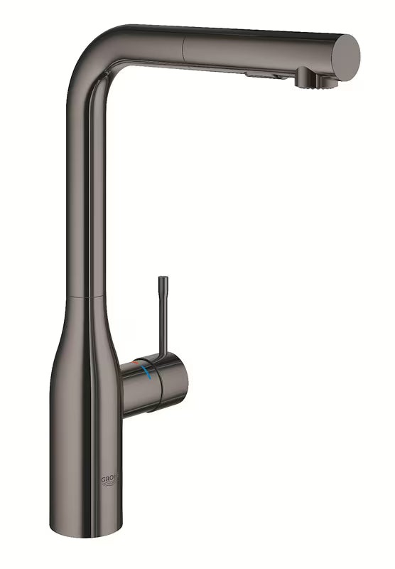 Bateria zlewozmywakowa Grohe Essence New z wysoką obrotową wylewką i wyciąganą wylewką natryskową w kolorze twardy grafit.