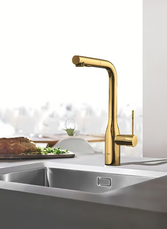 Grohe Essence New bateria zlewozmywakowa w kolorze cool sunrise z wysoką obrotową wylewką i wyciąganą wylewką natryskową