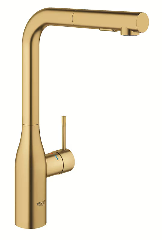 Bateria zlewozmywakowa Grohe Essence New z wysoką wylewką i wyciąganą wylewką natryskową w wykończeniu brushed cool sunrise.