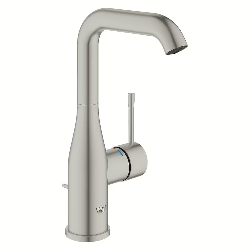 Wysoka jednouchwytowa bateria umywalkowa Grohe Essence New w wykończeniu supersteel z obrotową wylewką