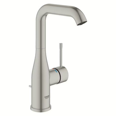 Wysoka jednouchwytowa bateria umywalkowa Grohe Essence New w wykończeniu supersteel z obrotową wylewką