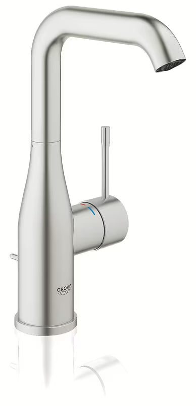 Wysoka jednouchwytowa bateria umywalkowa Grohe Essence New w wykończeniu supersteel z obrotową wylewką