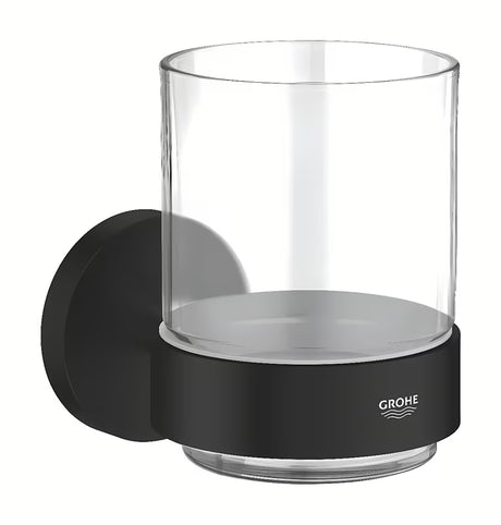 Matowoczarny uchwyt szklanki Grohe Essentials szklanka w komplecie pro łazienki