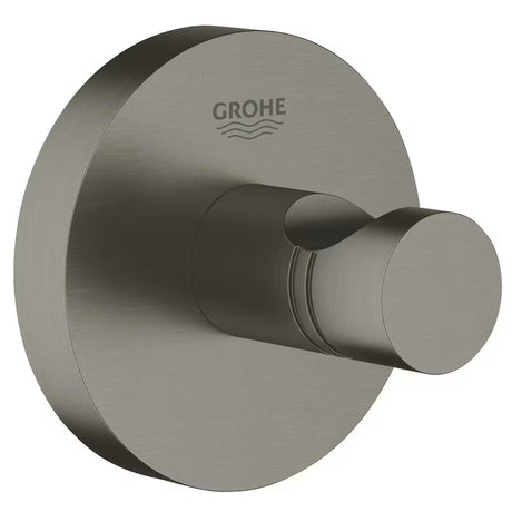 Metalowy łazienkowy haczyk Grohe Essentials w wykończeniu Brushed Hard Graphite z ukrytym mocowaniem.