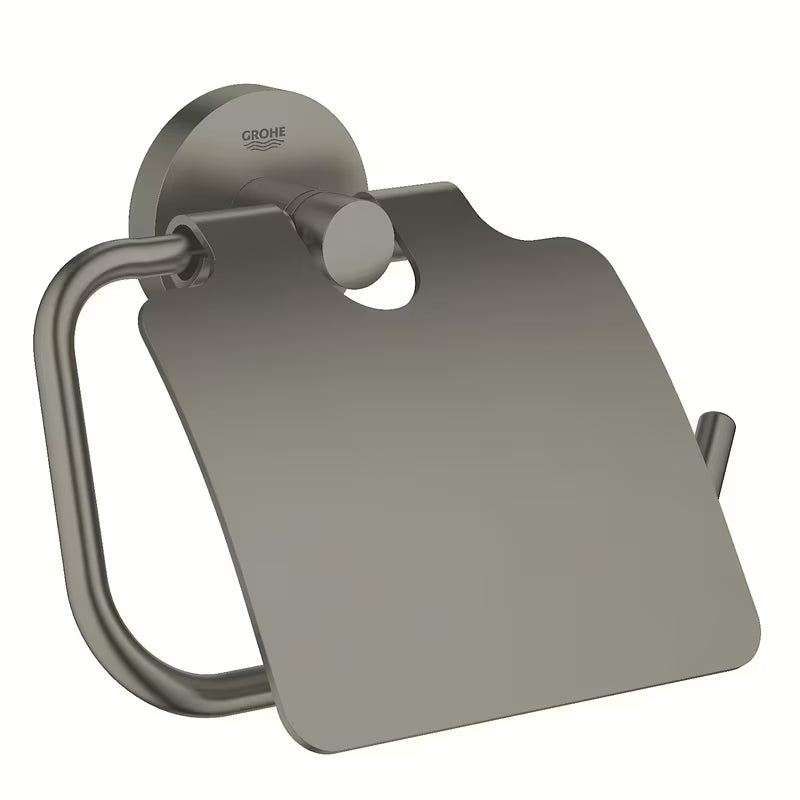 Uchwyt na papier Toaletowy Grohe Essentials z pokrywą w wykończeniu Brushed Hard Graphite z ukrytym mocowaniem.