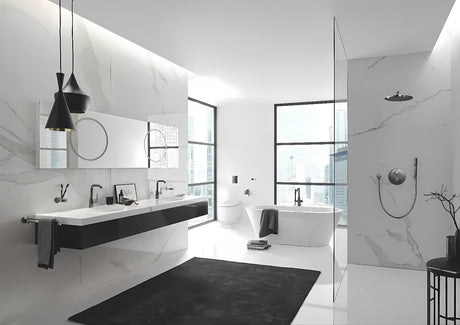 Dozownik do Mydła Grohe Essentials bez uchwytu w wykończeniu hard graphite, szklany pojemnik i metalowe elementy.