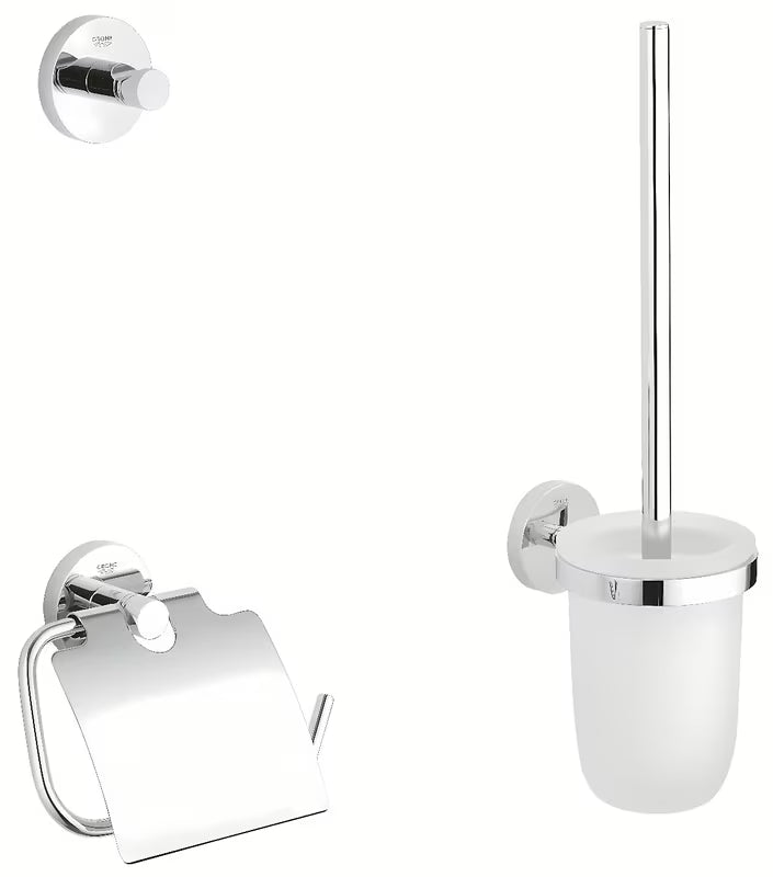 Chromowany zestaw akcesoriów łazienkowych Grohe Essentials z haczykiem, uchwytem na papier z pokrywą i szczotką MISKA wc