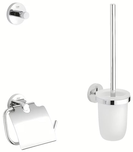 Chromowany zestaw akcesoriów łazienkowych Grohe Essentials z haczykiem, uchwytem na papier z pokrywą i szczotką MISKA wc