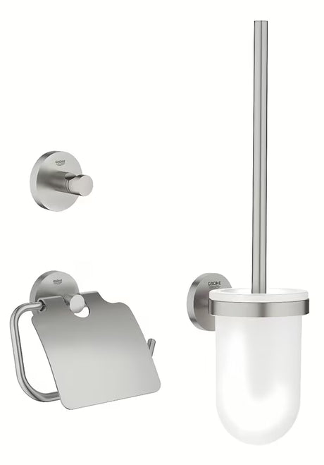 Zestaw akcesoriów łazienkowych Grohe Essentials w wykończeniu supersteel z haczykiem, uchwytem na papier i szczotką MISKA wc