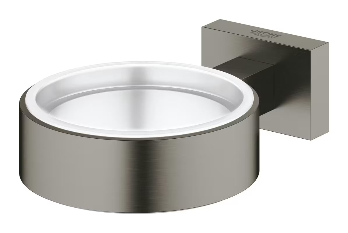 Grohe Essentials Cube uchwyt na szklanki bez szklanki w szczotkowanym wykończeniu Hard Graphite z ukrytym mocowaniem.