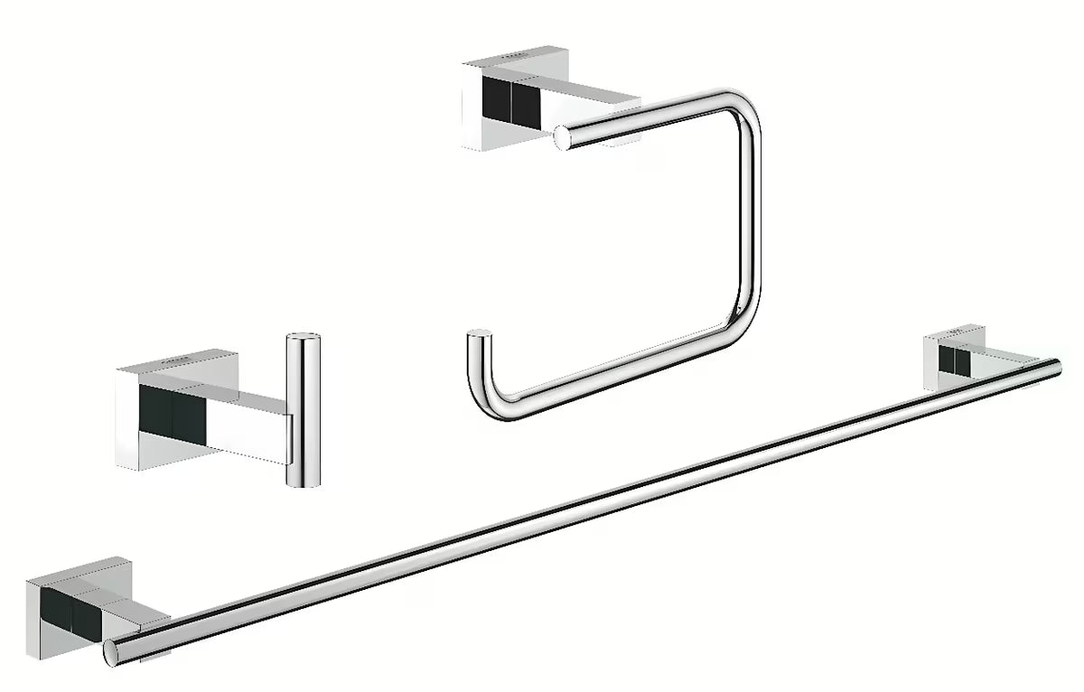 Chromowana zestaw akcesoriów łazienkowych Grohe Essentials Cube z haczykiem, uchwytem na MISKA wc papier i wieszakiem na ręczniki.
