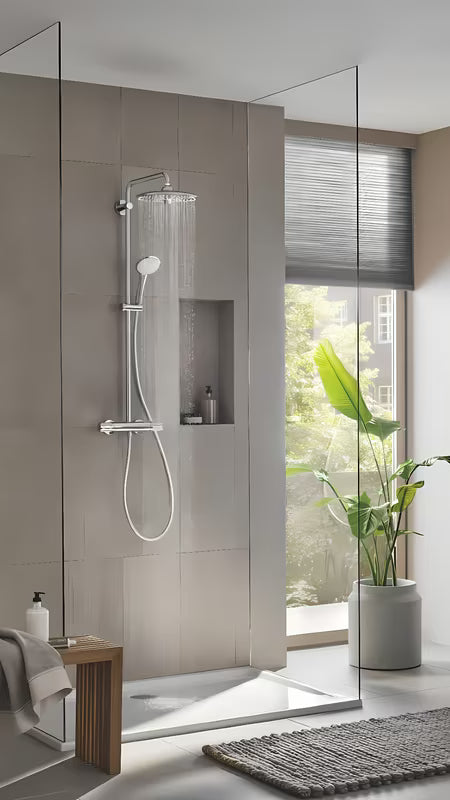 Chromowany system prysznicowy Grohe Euphoria System z baterią termostatyczną, z deszczownicą i słuchawką prysznicową