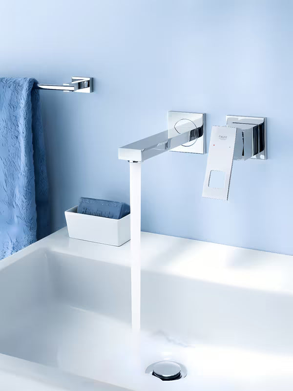 Chromowana podtynkowa bateria umywalkowa Grohe Eurocube o kwadratowym designie