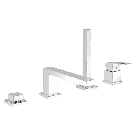 Chromowana bateria wannowa Grohe Eurocube z zestawem prysznicowym i słuchawką prysznicową Euphoria Cube+.