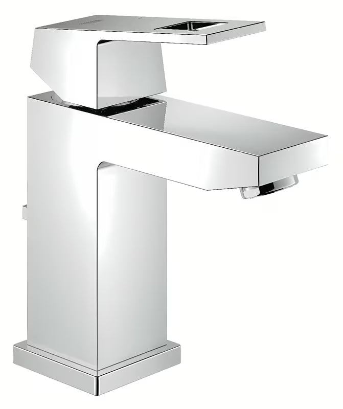 Chromowana bateria umywalkowa Grohe Eurocube z dźwignią i korkiem odpływowym.