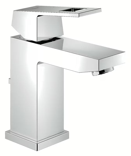 Chromowana bateria umywalkowa Grohe Eurocube z dźwignią i korkiem odpływowym.