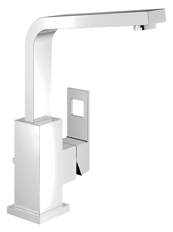 Chromowana bateria zlewozmywakowa Grohe Eurocube z wysoką obrotową wylewką o kwadratowym designie.
