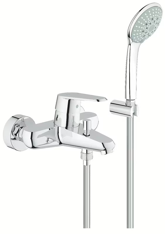 Chromowana ścienna bateria wannowa Grohe Eurodisc z zestawem prysznicowym