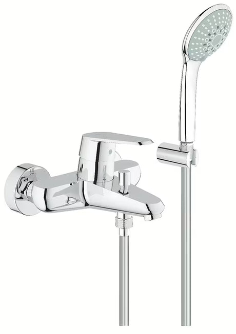Chromowana ścienna bateria wannowa Grohe Eurodisc z zestawem prysznicowym
