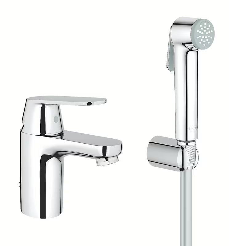 Chromowana bateria umywalkowa Grohe Eurosmart Cosmopolitan z zestawem prysznicowym z dźwignią