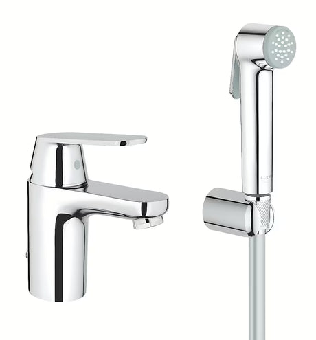 Chromowana bateria umywalkowa Grohe Eurosmart Cosmopolitan z zestawem prysznicowym z dźwignią