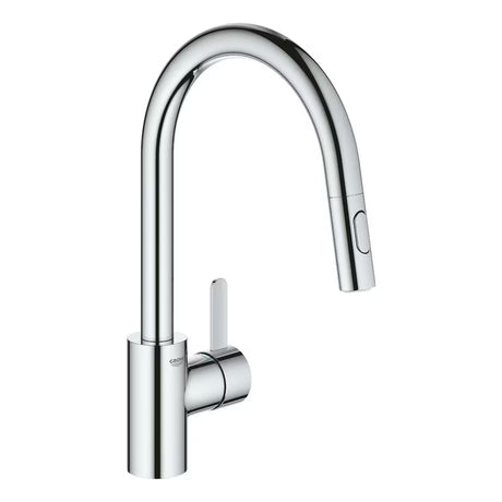 Chromowana bateria zlewozmywakowa Grohe Eurosmart Cosmopolitan z wysoką obrotową wylewką i wyciąganą wylewką prysznicową