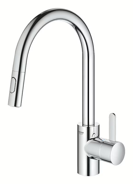 Chromowana bateria zlewozmywakowa Grohe Eurosmart Cosmopolitan z wysoką obrotową wylewką i wyciąganą wylewką prysznicową
