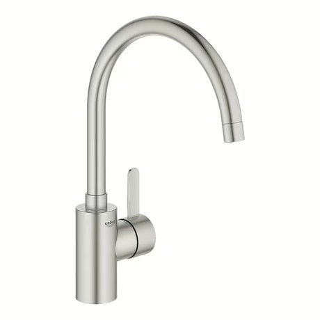 Kuchenna jednouchwytowa bateria Grohe Eurosmart Cosmopolitan z wysoką obrotową wylewką w wykończeniu supersteel.
