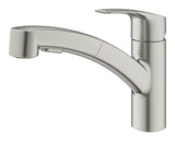 Jednouchwytowa stojąca bateria zlewozmywakowa Grohe Eurosmart New w wykończeniu supersteel z obrotowym ramieniem.