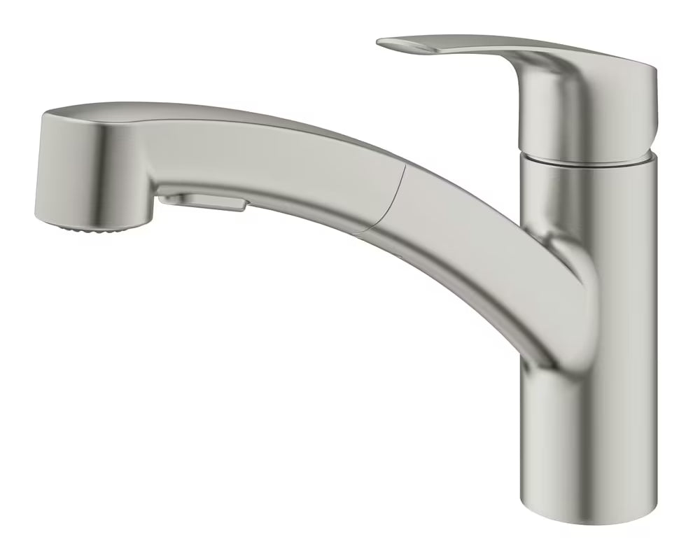 Jednouchwytowa stojąca bateria zlewozmywakowa Grohe Eurosmart New w wykończeniu supersteel z obrotowym ramieniem.