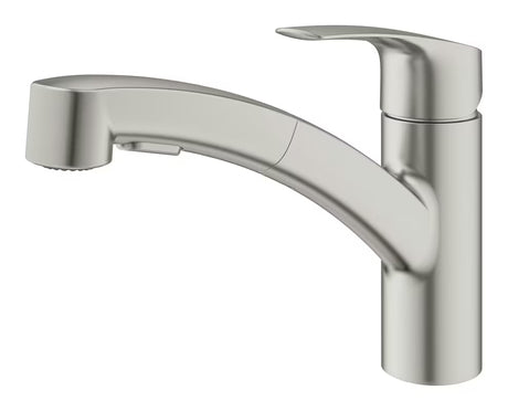 Jednouchwytowa stojąca bateria zlewozmywakowa Grohe Eurosmart New w wykończeniu supersteel z obrotowym ramieniem.