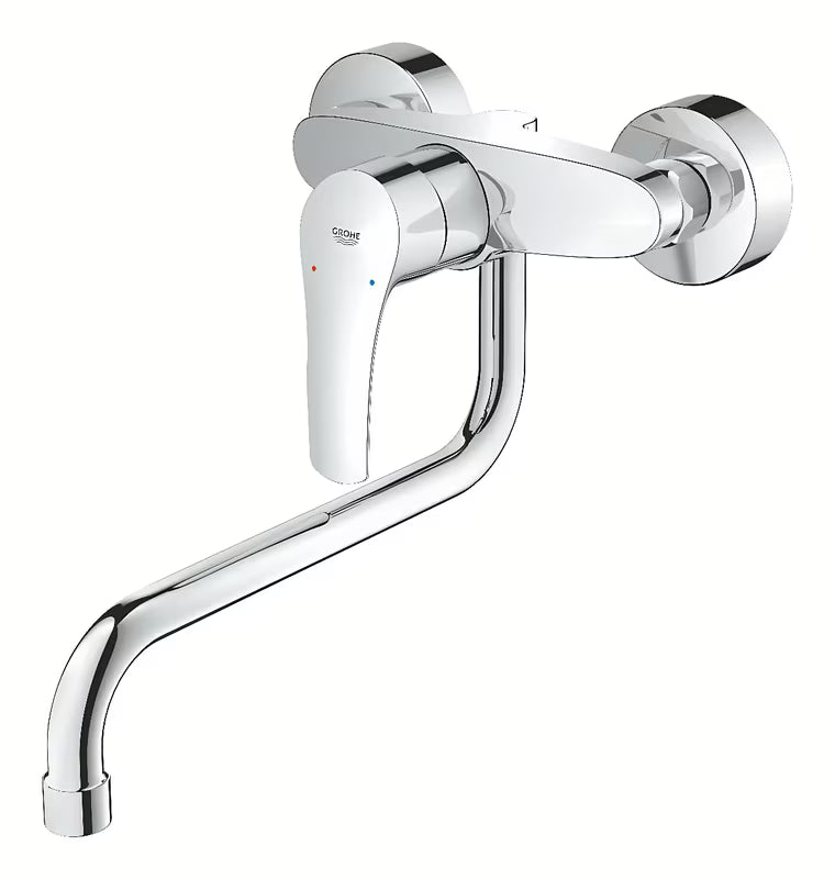 Chromowana ścienna bateria zlewozmywakowa Grohe Eurosmart New z dźwignią i obrotową wylewką.