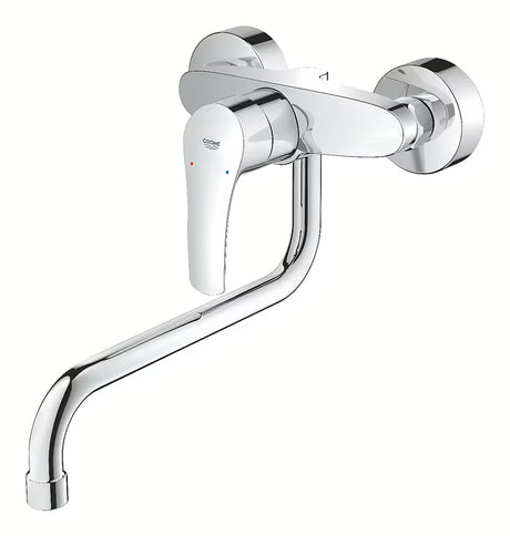 Chromowana ścienna bateria zlewozmywakowa Grohe Eurosmart New z dźwignią i obrotową wylewką.