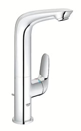 Wysoka jednouchwytowa bateria umywalkowa Grohe Eurostyle New w chromie z obrotową wylewką i zestawem odpływowym.