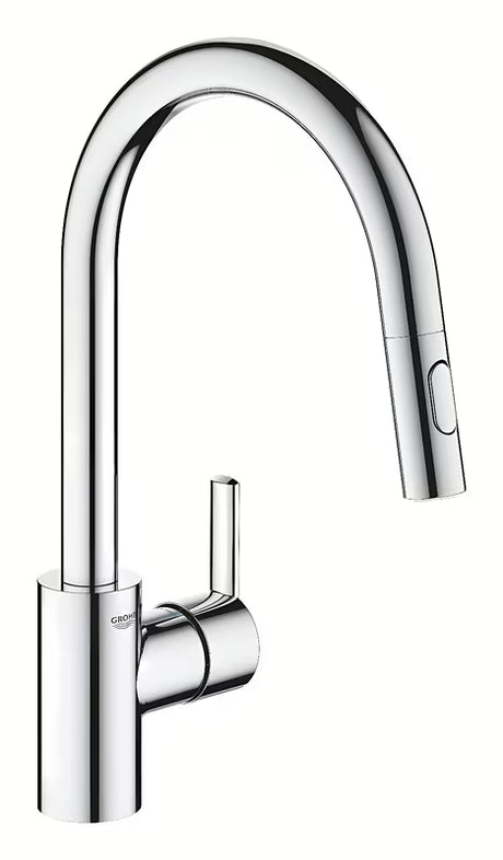 Chromowana bateria zlewozmywakowa Grohe Feel z wysoką obrotową wylewką i wyciąganą wylewką prysznicową