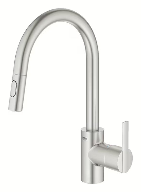 Bateria zlewozmywakowa Grohe Feel w wykończeniu supersteel z wysoką obrotową wylewką i wyciąganą wylewką prysznicową
