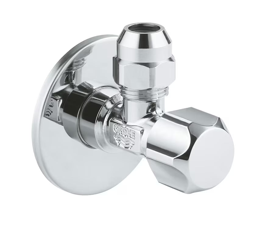 Zawór kątowy Grohe DN 15 w wykończeniu chrome z ergonomicznym uchwytem i metalową rozetą.