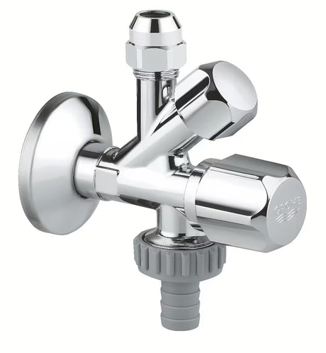 Zawór kątowy Grohe pro do montażu ściennego z zaworem zwrotnym i metalową rozetą.