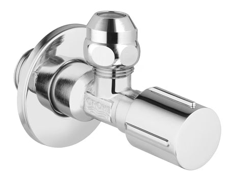 Zawór kątowy Grohe w wykończeniu chrome z metalową rozetą i ergonomicznym metalowym uchwytem.