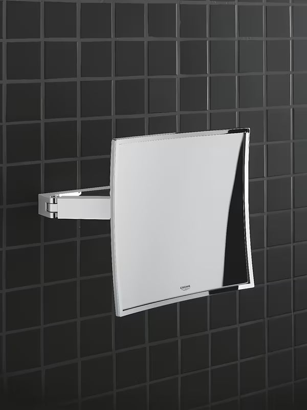 Lusterko kosmetyczne Grohe Selection Cube w chromie, z 3-krotnym powiększeniem i montażem ściennym z ukrytym mocowaniem.