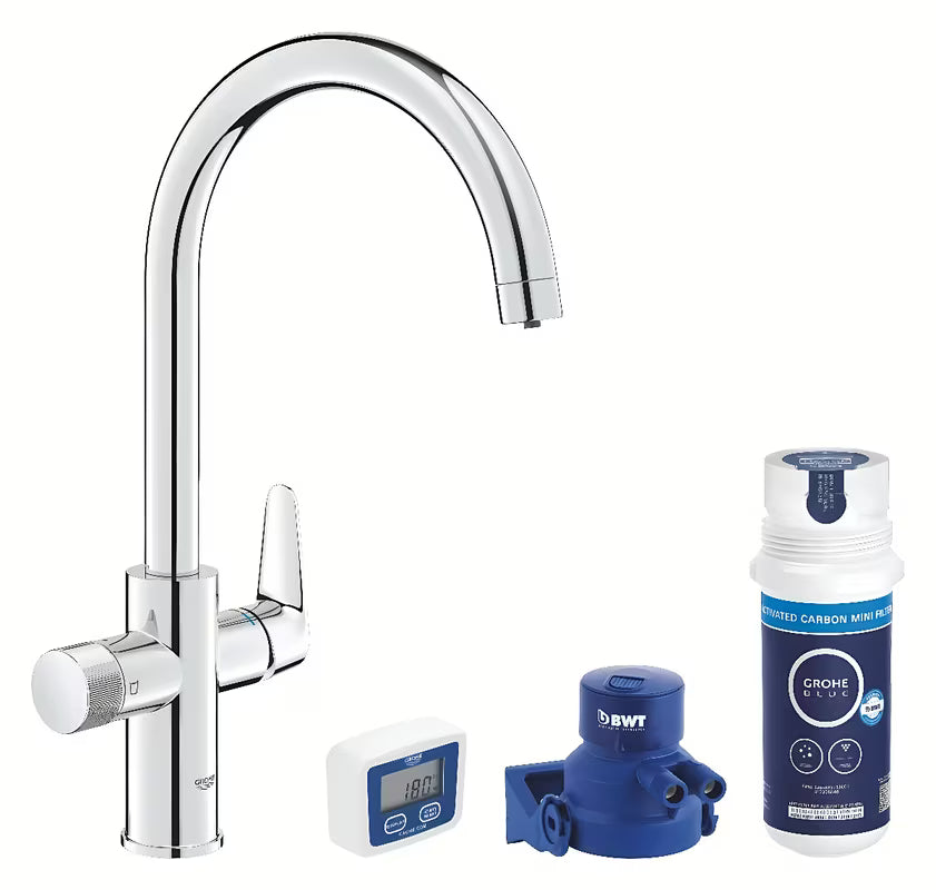 Chromowana bateria zlewozmywakowa Grohe Blue Pure 2022 z osobną dźwignią pro filtrowanej wody