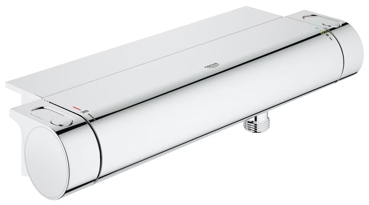 Chromowana termostatyczna bateria prysznicowa Grohe Grohtherm 2000 z półką EasyReach pro wygodna obsługa.