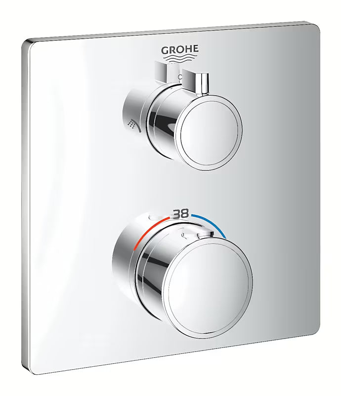 Chromowana podtynkowa termostatyczna bateria prysznicowa Grohe Grohtherm pro sterowanie deszczownicą i słuchawką prysznicową prysznice.