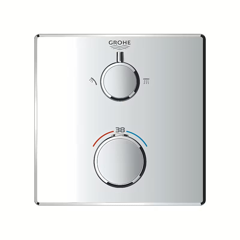 Chromowana podtynkowa termostatyczna bateria prysznicowa Grohe Grohtherm pro sterowanie deszczownicą i słuchawką prysznicową prysznice.
