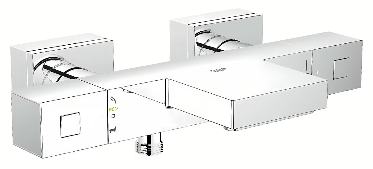 Chromowa termostatyczna bateria wannowa Grohe Grohtherm Cube z XL wylewką GROHE XL Waterfall pro do wanny i prysznica.