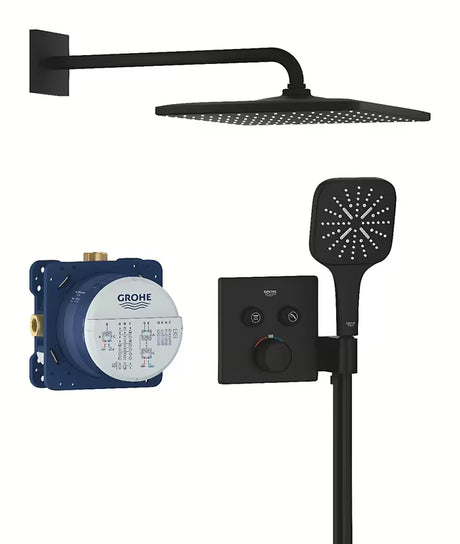 Podtynkowy system prysznicowy Grohe Grohtherm smartcontrol w kolorze matowej czerni z deszczownicą i słuchawką prysznicową