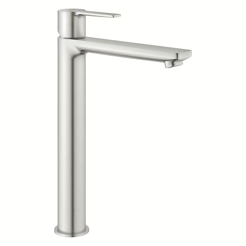 Wysoka jednouchwytowa bateria umywalkowa Grohe Lineare w wykończeniu supersteel pro umywalka wolnostojąca 
