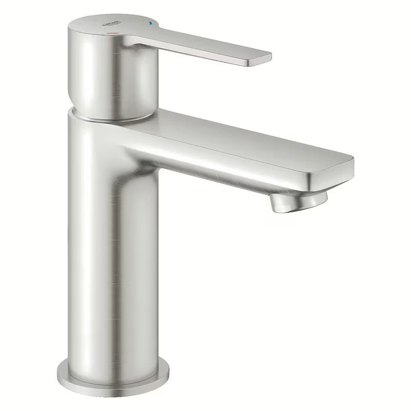 Bateria umywalkowa jednouchwytowa Grohe Lineare w wykończeniu supersteel z klik-klak i z krótką wylewką