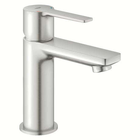 Bateria umywalkowa jednouchwytowa Grohe Lineare w wykończeniu supersteel z klik-klak i z krótką wylewką