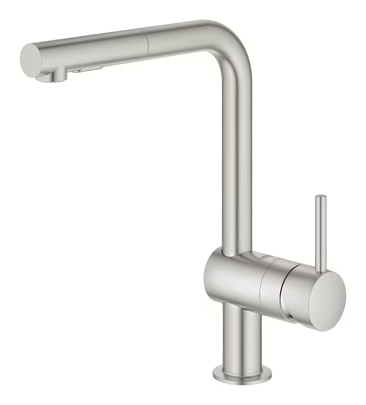 Bateria zlewozmywakowa Grohe Minta z wysoką wylewką L i wyciąganą wylewką prysznicową w wykończeniu supersteel.